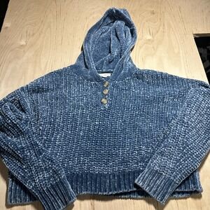 Aéropostale Women's Blue Chenille Knit Hoodie Sweater Cropped Pullover Sz M